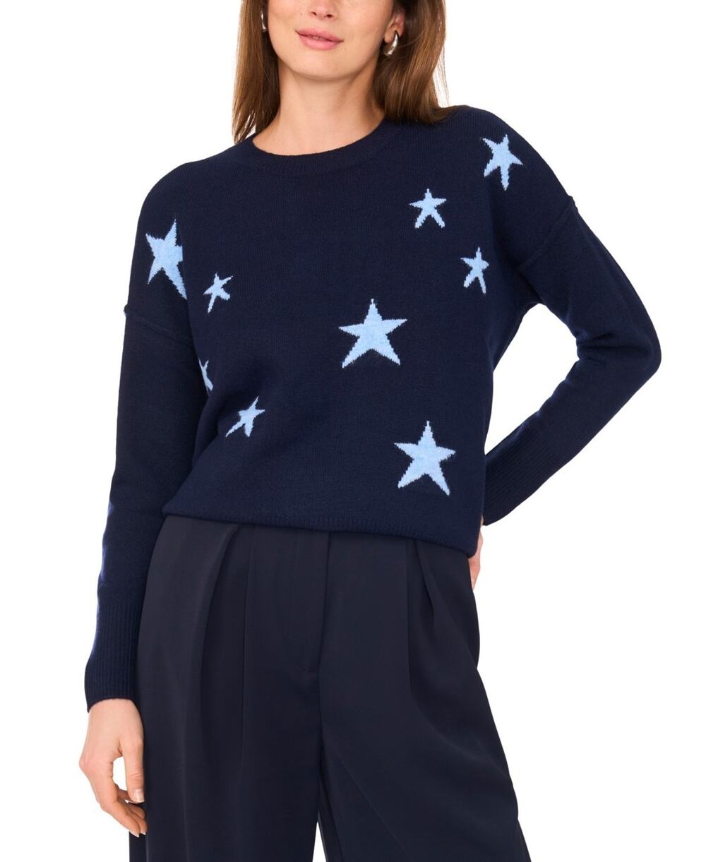 Vince Camuto Women's Cozy Crewneck Star-Print Dropped-Shoulder Blue Size XL 4018